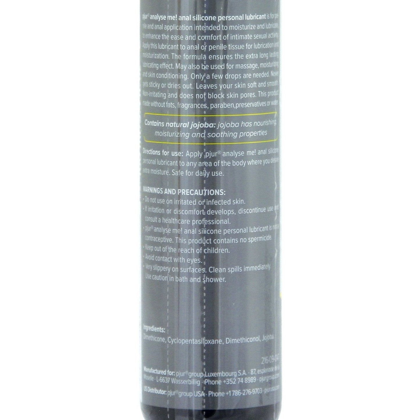 A close-up of the Pjur Analyze Me! Relaxing Anal Glide Silicone bottle highlights text about its natural jojoba for nourishing, moisturizing, and soothing. The lower part lists ingredients and cautionary details for this silicone-based lube.
