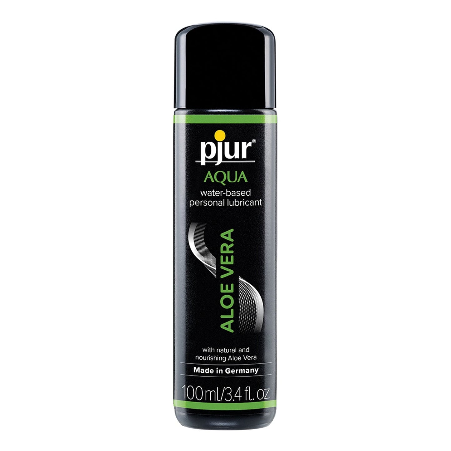 The 100 ml Pjur Aqua Aloe Vera Water-Based Personal Lubricant bottle features a black label with green accents, aloe vera graphics, and states Made in Germany and with natural and nourishing Aloe Vera,” ensuring compatibility with sex toys.