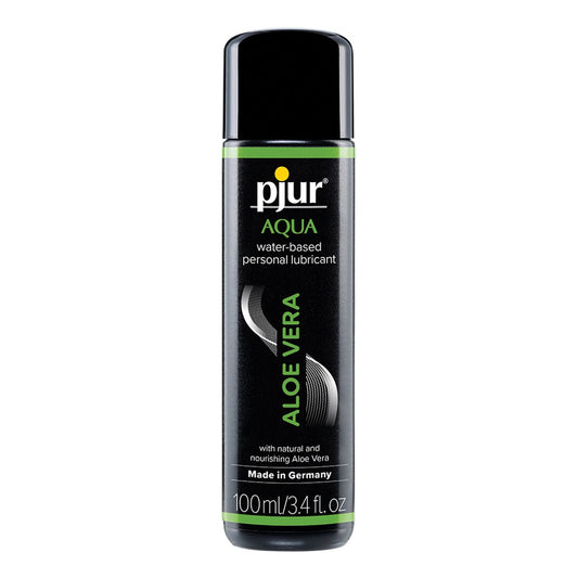 The 100 ml Pjur Aqua Aloe Vera Water-Based Personal Lubricant bottle features a black label with green accents, aloe vera graphics, and states Made in Germany and with natural and nourishing Aloe Vera,” ensuring compatibility with sex toys.