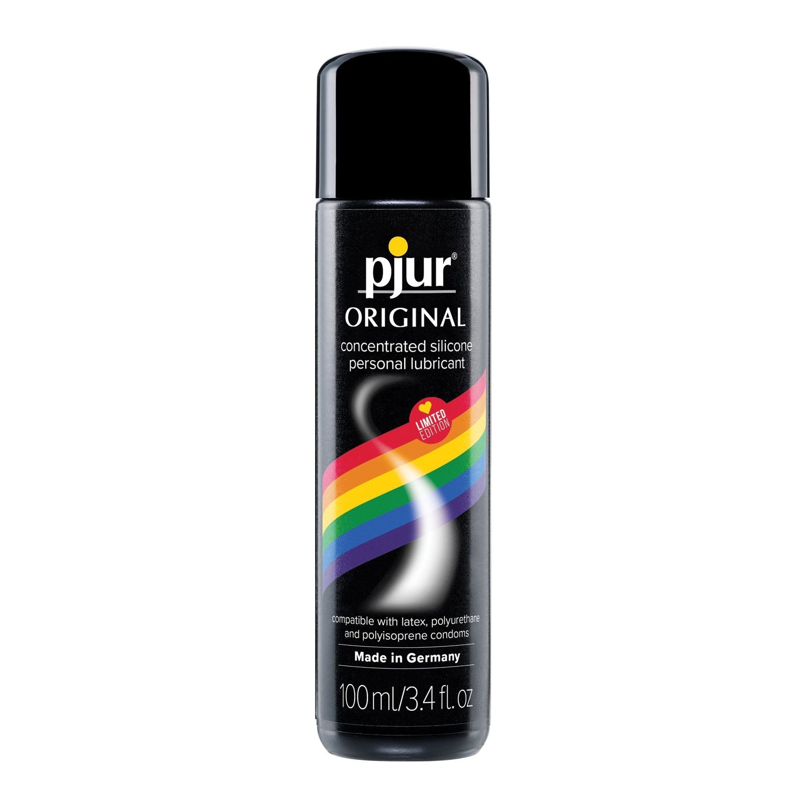 Pjur Original Rainbow Edition Silicone Personal Lubricant, 100 ml, features a concentrated silicone formula in a black bottle with a vibrant rainbow label that reads Made in Germany. Ideal for any modern LGBTQ+ superhero seeking to elevate their adventures.