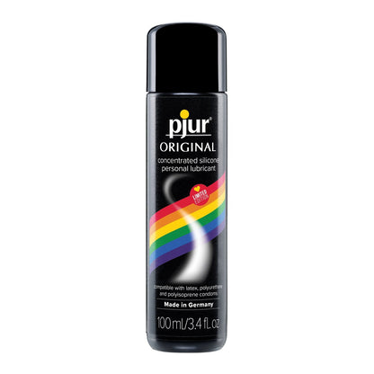 Pjur Original Rainbow Edition Silicone Personal Lubricant, 100 ml, features a concentrated silicone formula in a black bottle with a vibrant rainbow label that reads Made in Germany. Ideal for any modern LGBTQ+ superhero seeking to elevate their adventures.