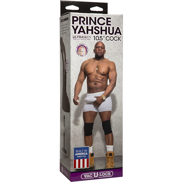 The packaging of Adams Toy Boxs Prince Yahshua Ultraskyn 10.5 Cock features a muscular man in white shorts and knee pads, prominently displaying Prince Yahshua and 10.5. Its UltraSkyn material and a Built in America label enhance its appeal.