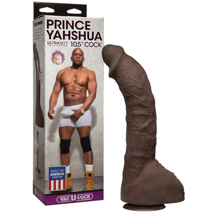 The Prince Yahshua Ultraskyn 10.5 Cock by Adams Toy Box comes in packaging showcasing an image of Prince Yahshua in white shorts and knee pads. The box emphasizes Built in America and features a sturdy suction base for versatile enjoyment.