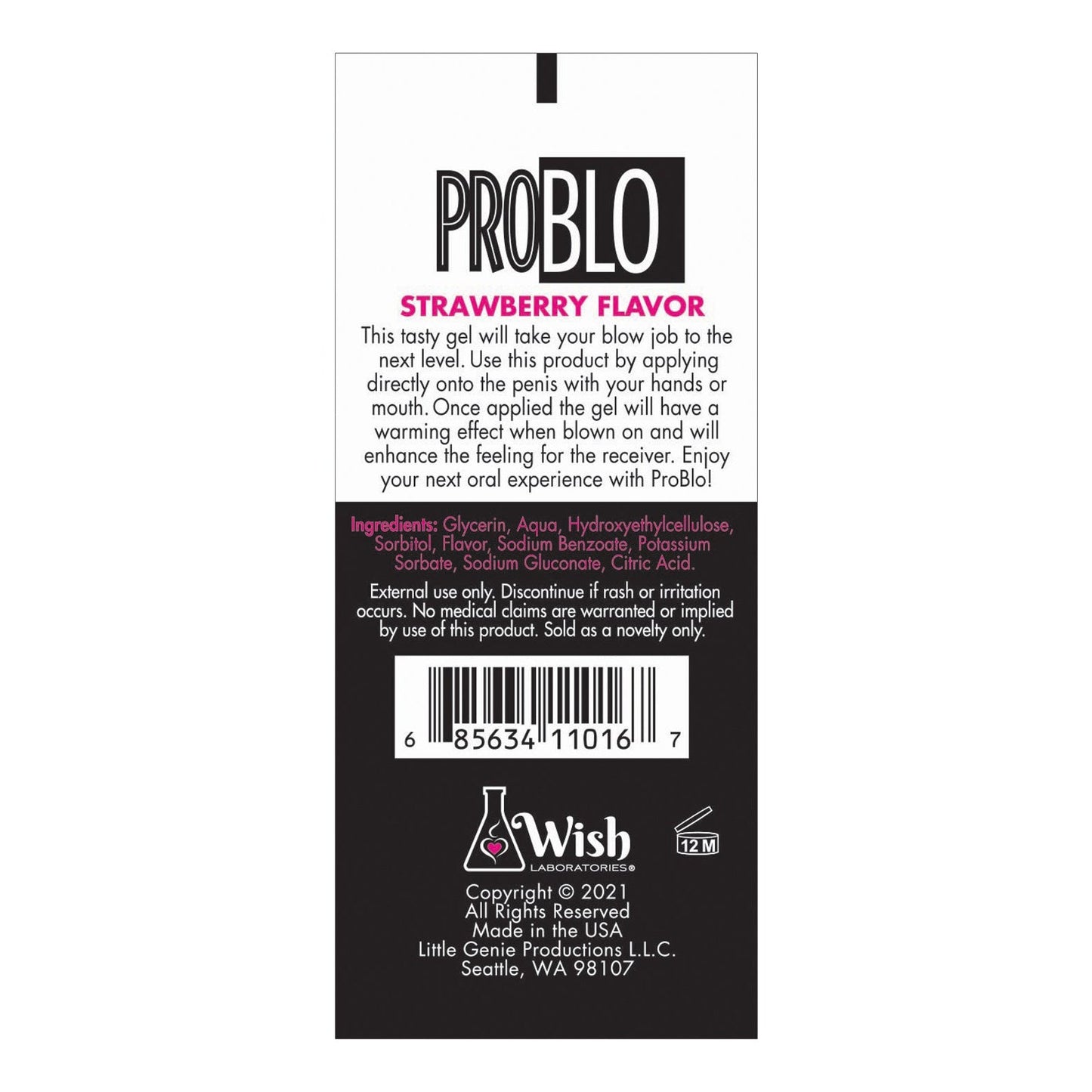 Label of Problo Oral Pleasure Gel, Strawberry Flavor offers an enjoyable experience. It includes usage instructions, ingredients, and Wish Novelties contact info. The bottom features a barcode and the companys Seattle, WA address.