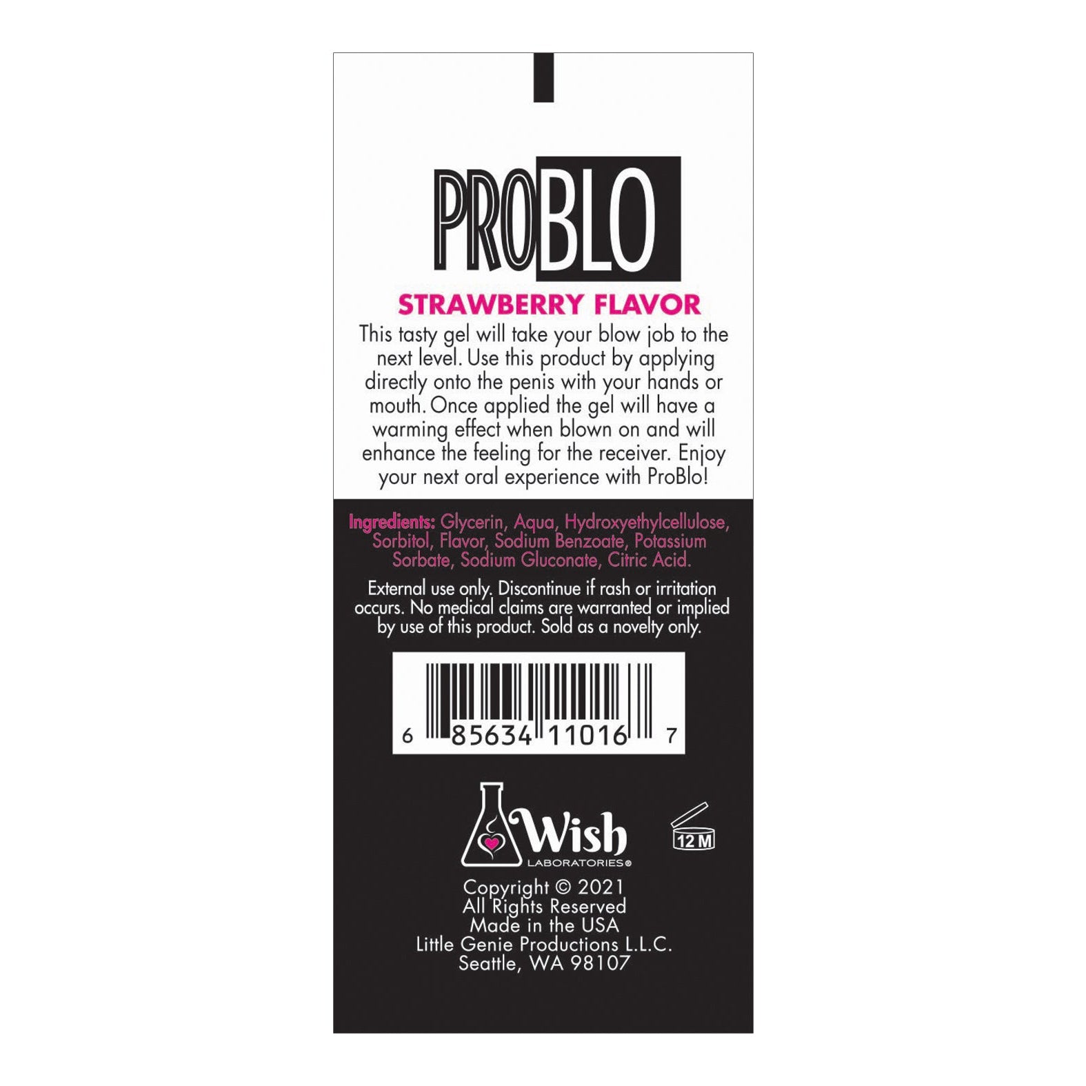 Label of Problo Oral Pleasure Gel, Strawberry Flavor offers an enjoyable experience. It includes usage instructions, ingredients, and Wish Novelties contact info. The bottom features a barcode and the companys Seattle, WA address.