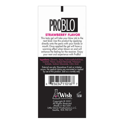 Label of Problo Oral Pleasure Gel, Strawberry Flavor offers an enjoyable experience. It includes usage instructions, ingredients, and Wish Novelties contact info. The bottom features a barcode and the companys Seattle, WA address.