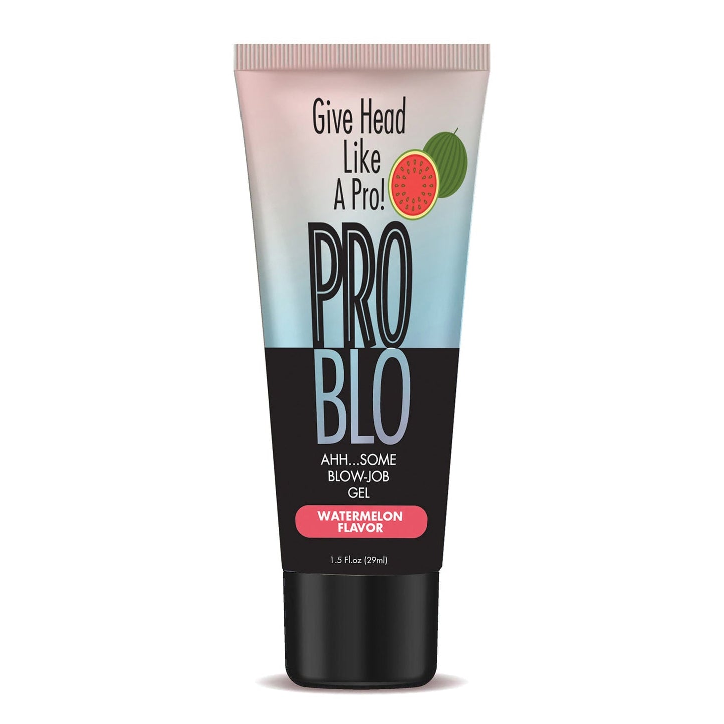 The Problo Oral Pleasure Gel in watermelon flavor enhances the oral experience with its warming effect. The tube features a gradient background, watermelon graphics, and text like Give Head Like A Pro! and Ahh...some Blowjob Gel. Available in a 1.5 fl oz (29 ml) size.