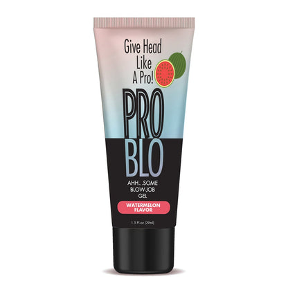 The Problo Oral Pleasure Gel in watermelon flavor enhances the oral experience with its warming effect. The tube features a gradient background, watermelon graphics, and text like Give Head Like A Pro! and Ahh...some Blowjob Gel. Available in a 1.5 fl oz (29 ml) size.