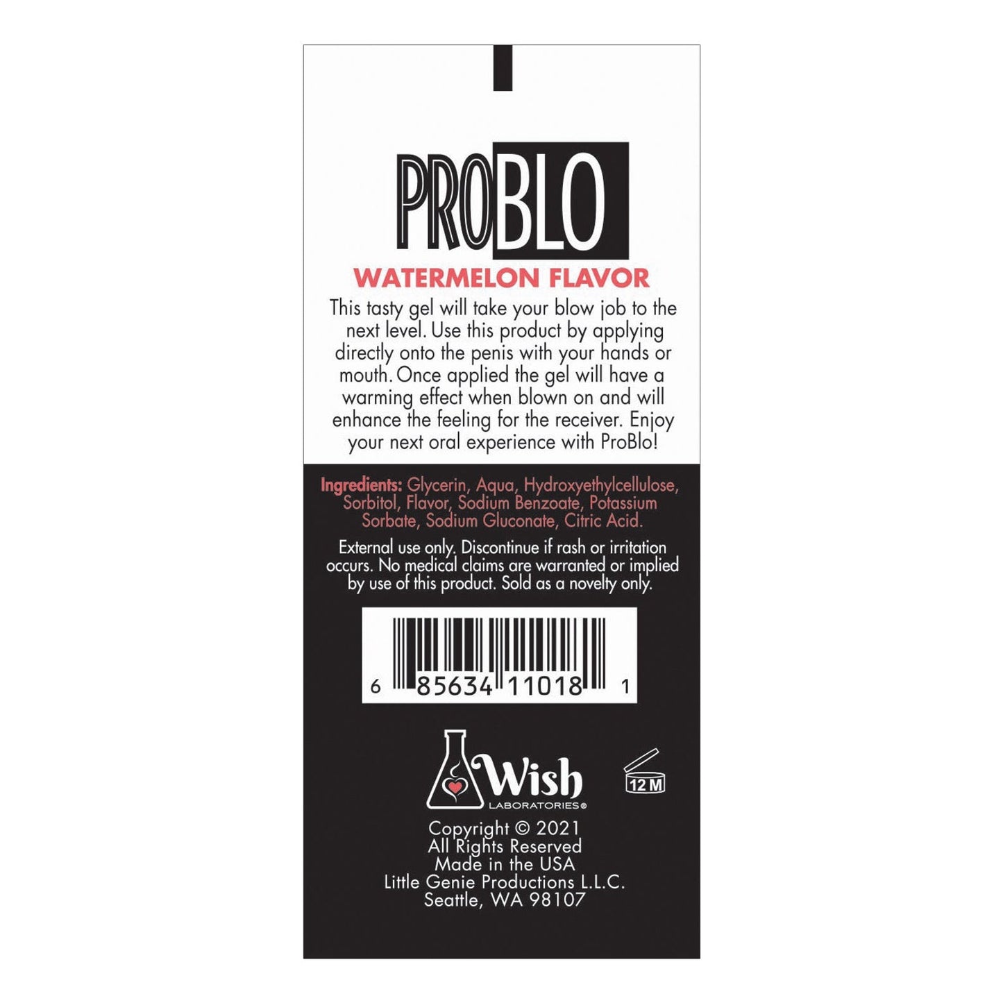Label for Problo Oral Pleasure Gel, featuring a barcode and ingredients. Instructions suggest applying to the receiver with hands or mouth for enhanced oral experience. Enjoy the warming effect by Little Genie Productions, Seattle, WA.