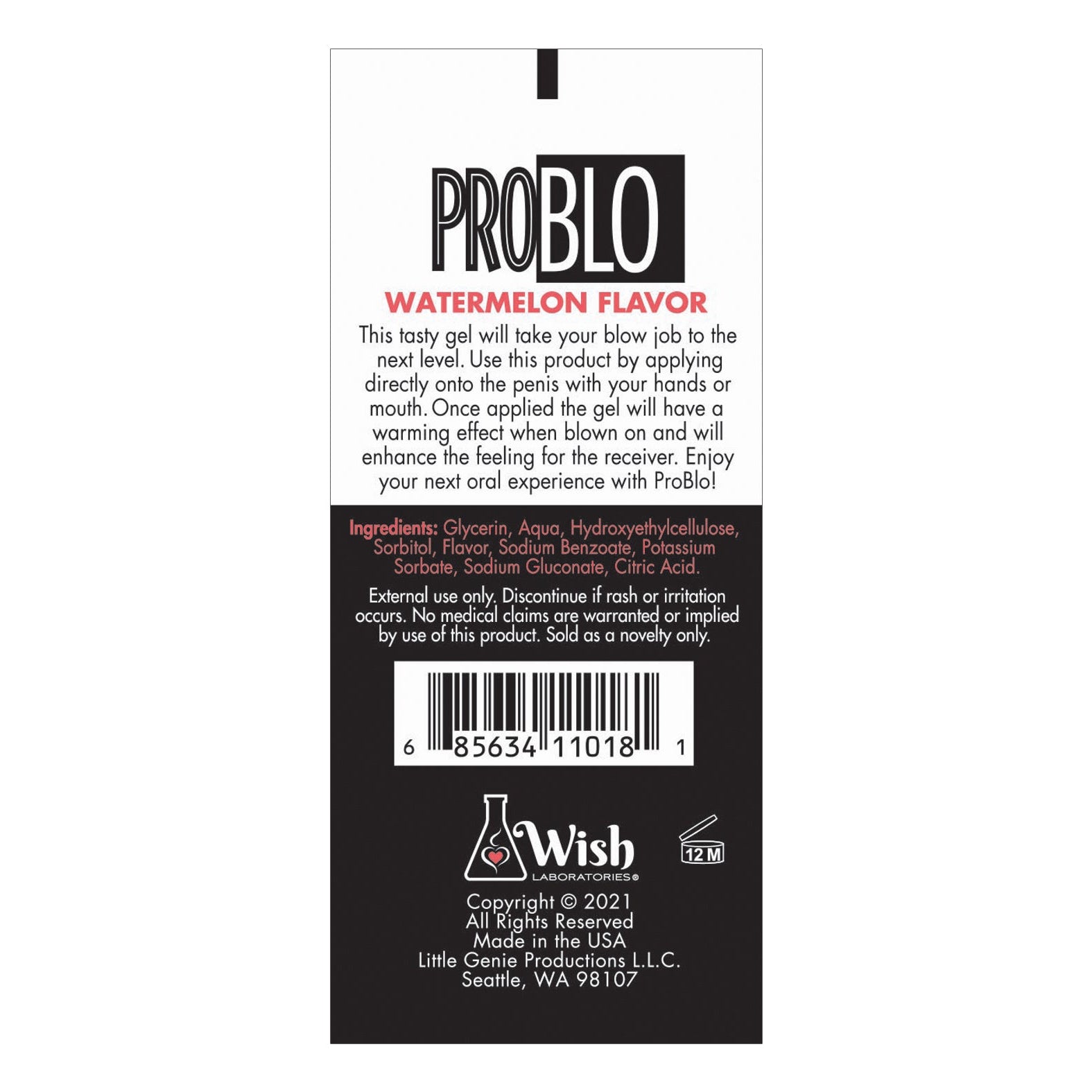 Label for Problo Oral Pleasure Gel, featuring a barcode and ingredients. Instructions suggest applying to the receiver with hands or mouth for enhanced oral experience. Enjoy the warming effect by Little Genie Productions, Seattle, WA.
