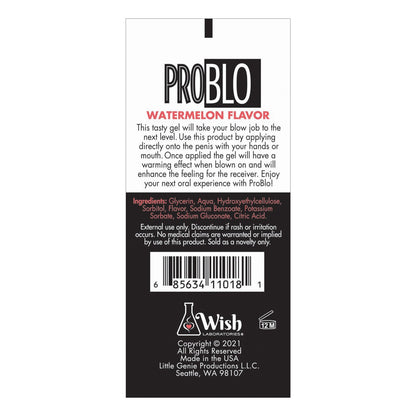Label for Problo Oral Pleasure Gel, featuring a barcode and ingredients. Instructions suggest applying to the receiver with hands or mouth for enhanced oral experience. Enjoy the warming effect by Little Genie Productions, Seattle, WA.