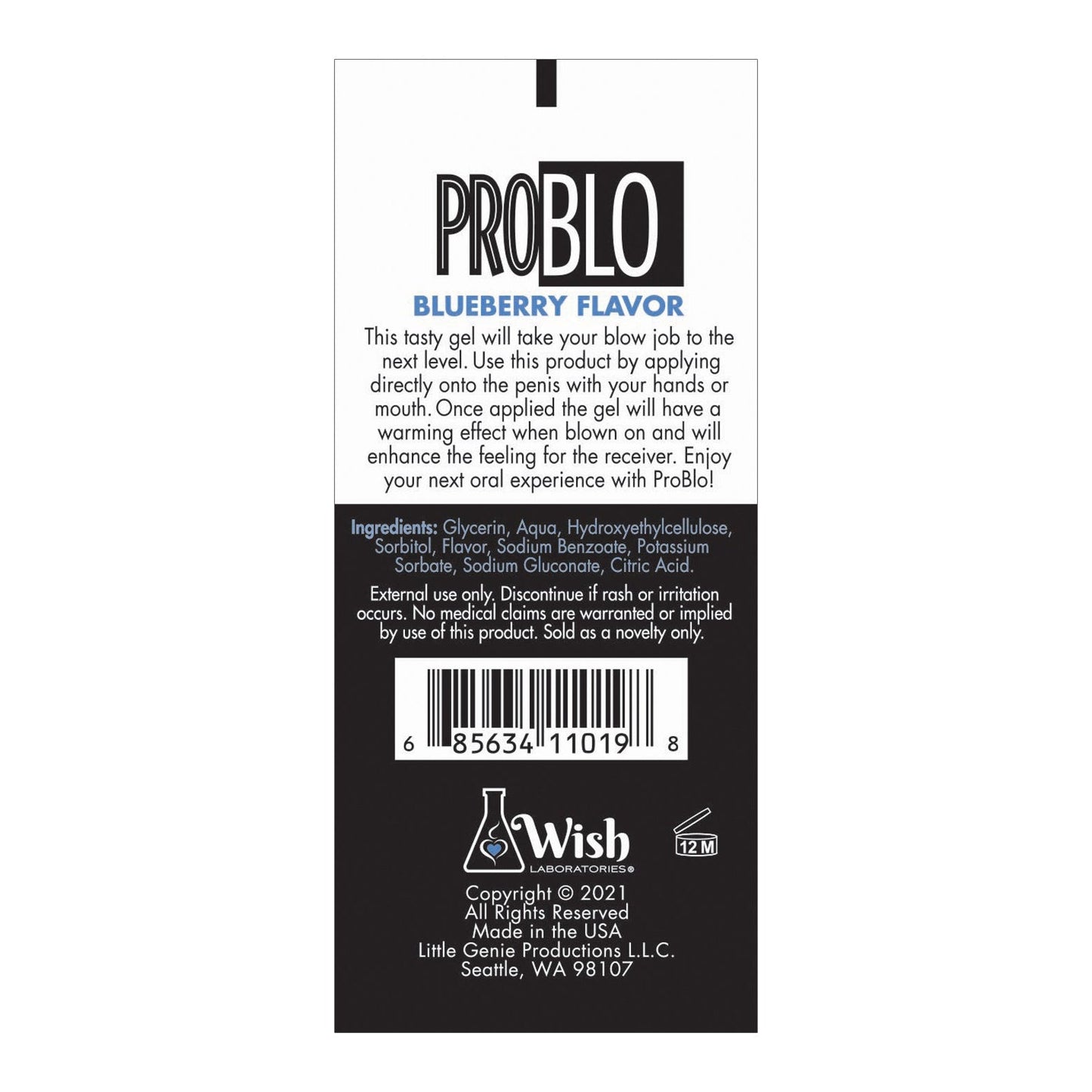 The Problo Blueberry Flavor Oral Pleasure Gel label details usage instructions and ingredients. Made by Little Genie Productions, Inc., Seattle, WA 98107, it features a barcode and a lab-themed logo.