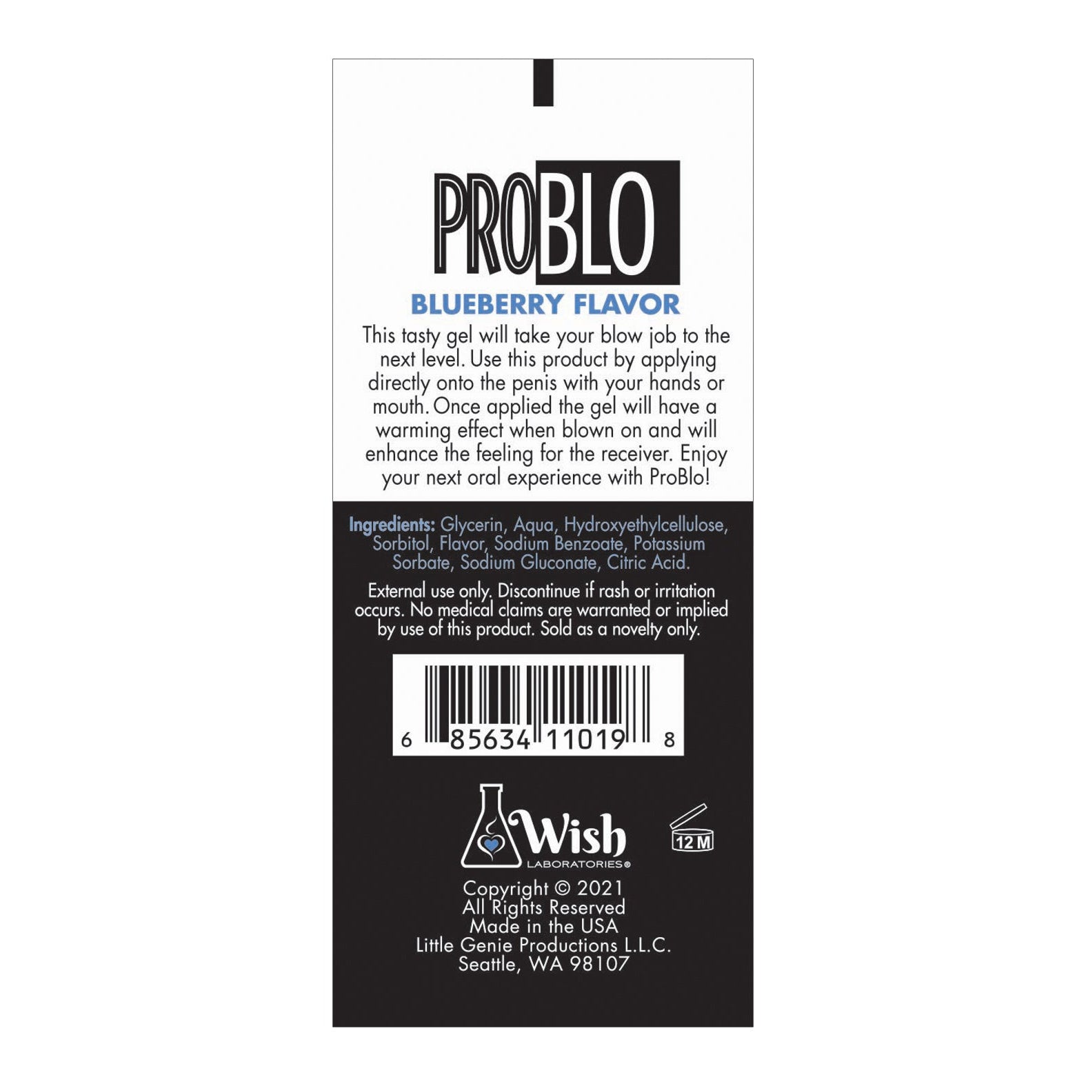 The Problo Blueberry Flavor Oral Pleasure Gel label details usage instructions and ingredients. Made by Little Genie Productions, Inc., Seattle, WA 98107, it features a barcode and a lab-themed logo.