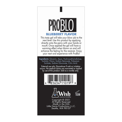 The Problo Blueberry Flavor Oral Pleasure Gel label details usage instructions and ingredients. Made by Little Genie Productions, Inc., Seattle, WA 98107, it features a barcode and a lab-themed logo.