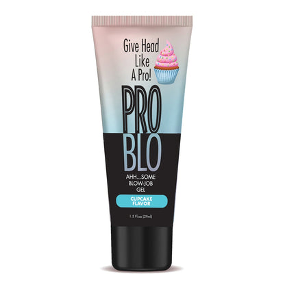 A 1.5 fl oz (29 ml) tube of Problo cupcake-flavored oral pleasure gel features a gradient design with a cupcake graphic and includes phrases like Give head like a pro! and Ahh...some blowjob gel for an irresistible experience.