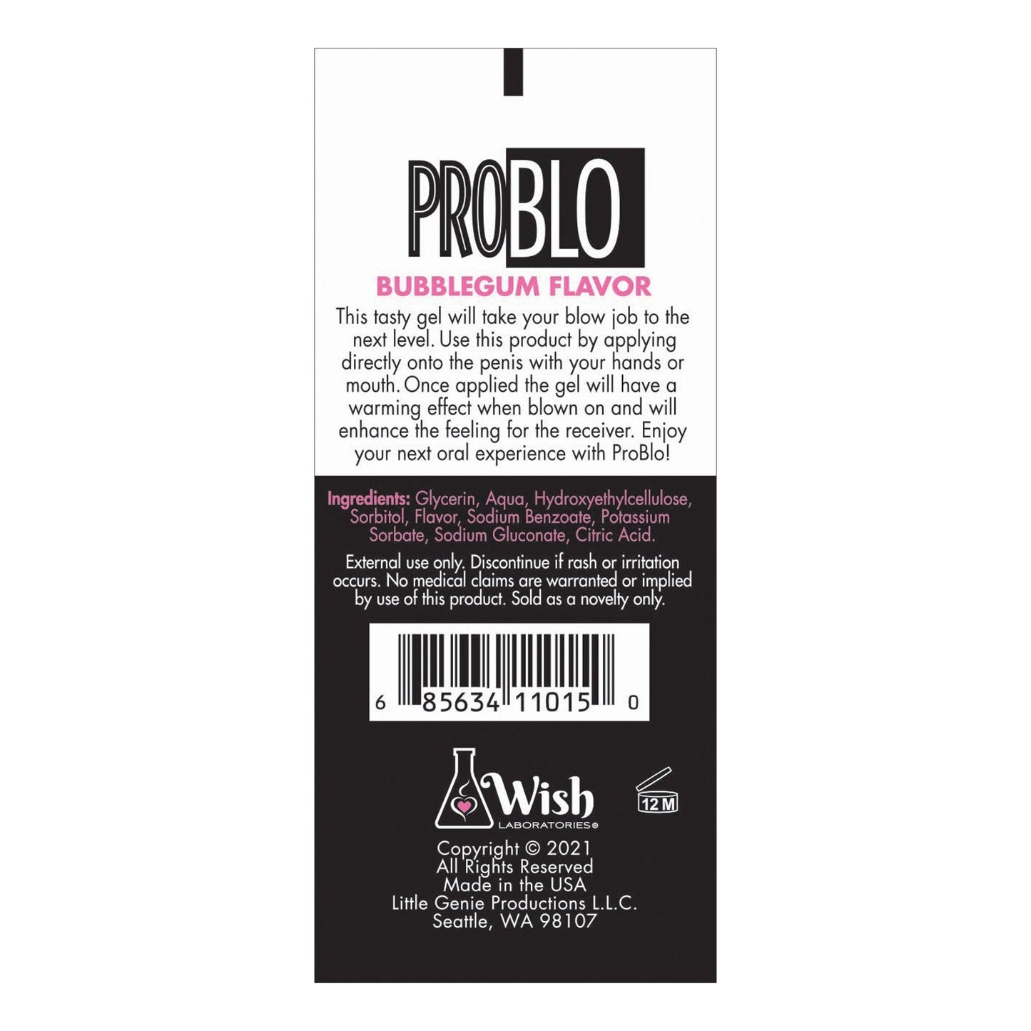 The image displays Problo Oral Pleasure Gel packaging, promoting an enhanced oral experience. It includes a bubblegum flavor, ingredients list, usage instructions, manufacturer info, a barcode, and copyright details by Wish Laboratories.
