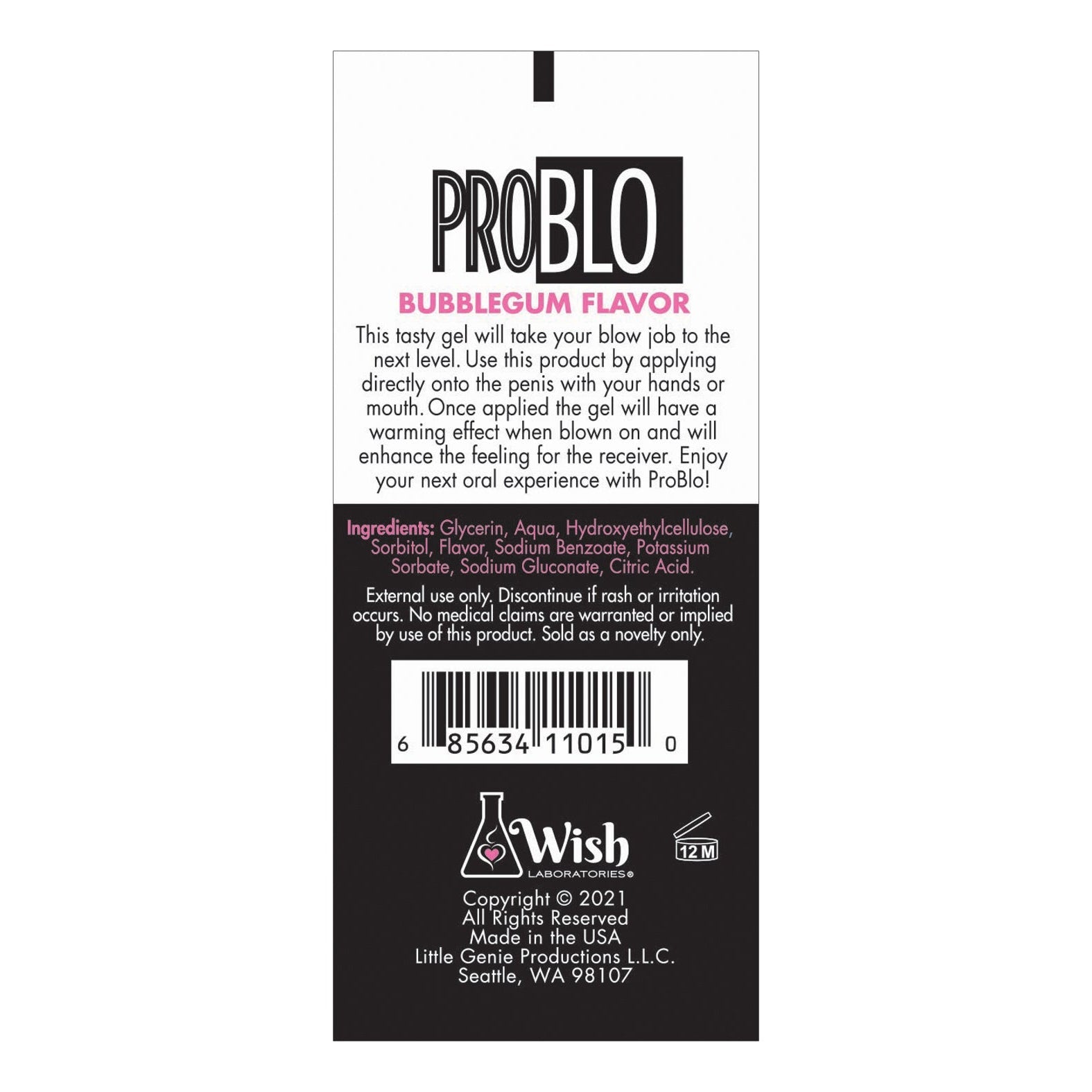 The image displays Problo Oral Pleasure Gel packaging, promoting an enhanced oral experience. It includes a bubblegum flavor, ingredients list, usage instructions, manufacturer info, a barcode, and copyright details by Wish Laboratories.