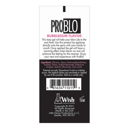 The image displays Problo Oral Pleasure Gel packaging, promoting an enhanced oral experience. It includes a bubblegum flavor, ingredients list, usage instructions, manufacturer info, a barcode, and copyright details by Wish Laboratories.
