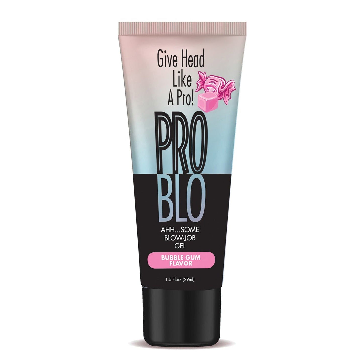 A tube of Problo Oral Pleasure Gel, bubble gum flavor, features pastel pink and blue gradient packaging with candy illustrations and the tagline Give Head Like A Pro! It adds a warming effect to enhance your oral experience.