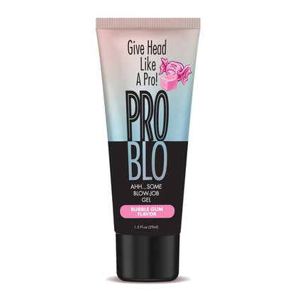 A tube of Problo Oral Pleasure Gel, bubble gum flavor, features pastel pink and blue gradient packaging with candy illustrations and the tagline Give Head Like A Pro! It adds a warming effect to enhance your oral experience.