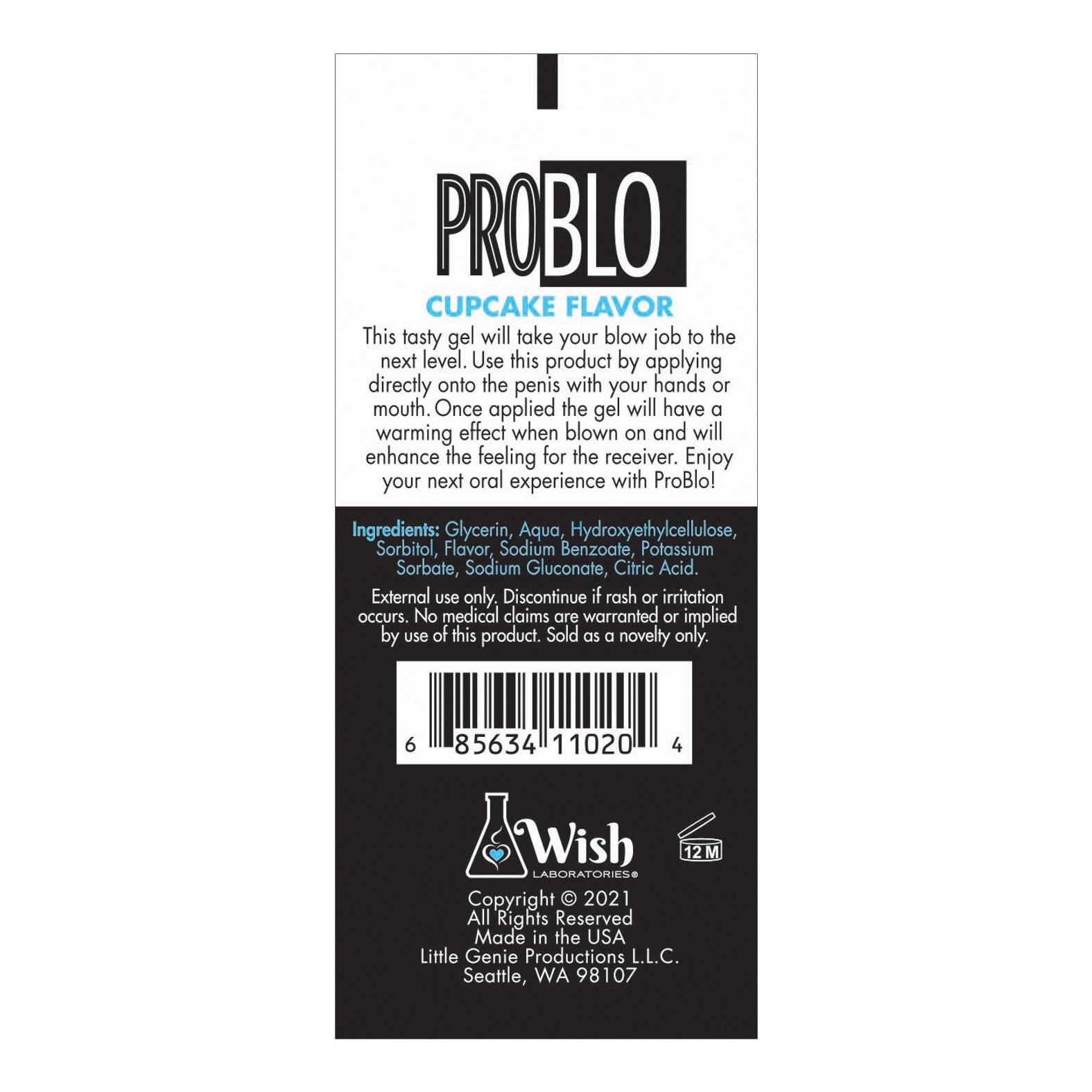 Problo Oral Pleasure Gel label: Experience enhanced oral enjoyment with its warming formula. Ingredients include glycerin and citric acid. Manufactured by Wish Laboratories, Seattle, WA. Barcode included, copyright 2021.