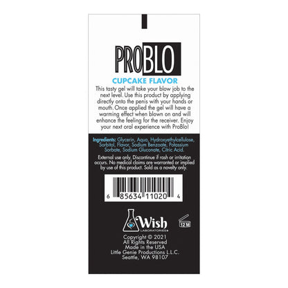 Problo Oral Pleasure Gel label: Experience enhanced oral enjoyment with its warming formula. Ingredients include glycerin and citric acid. Manufactured by Wish Laboratories, Seattle, WA. Barcode included, copyright 2021.