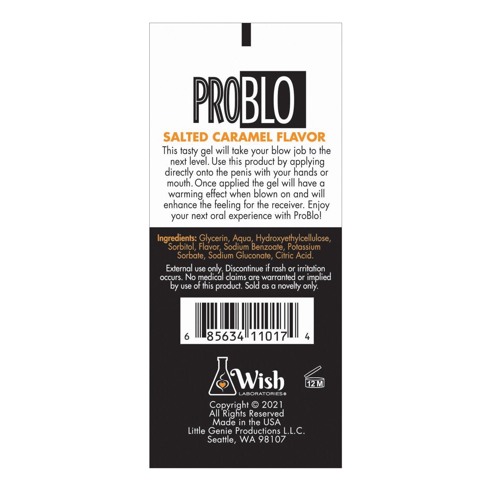 Close-up of a Problo Oral Pleasure Gel package in salted caramel flavor. The packaging provides usage instructions, ingredients, and company info, promising a delightful oral experience. A barcode and the Wish Laboratories logo are displayed at the bottom.