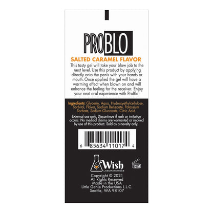 Close-up of a Problo Oral Pleasure Gel package in salted caramel flavor. The packaging provides usage instructions, ingredients, and company info, promising a delightful oral experience. A barcode and the Wish Laboratories logo are displayed at the bottom.