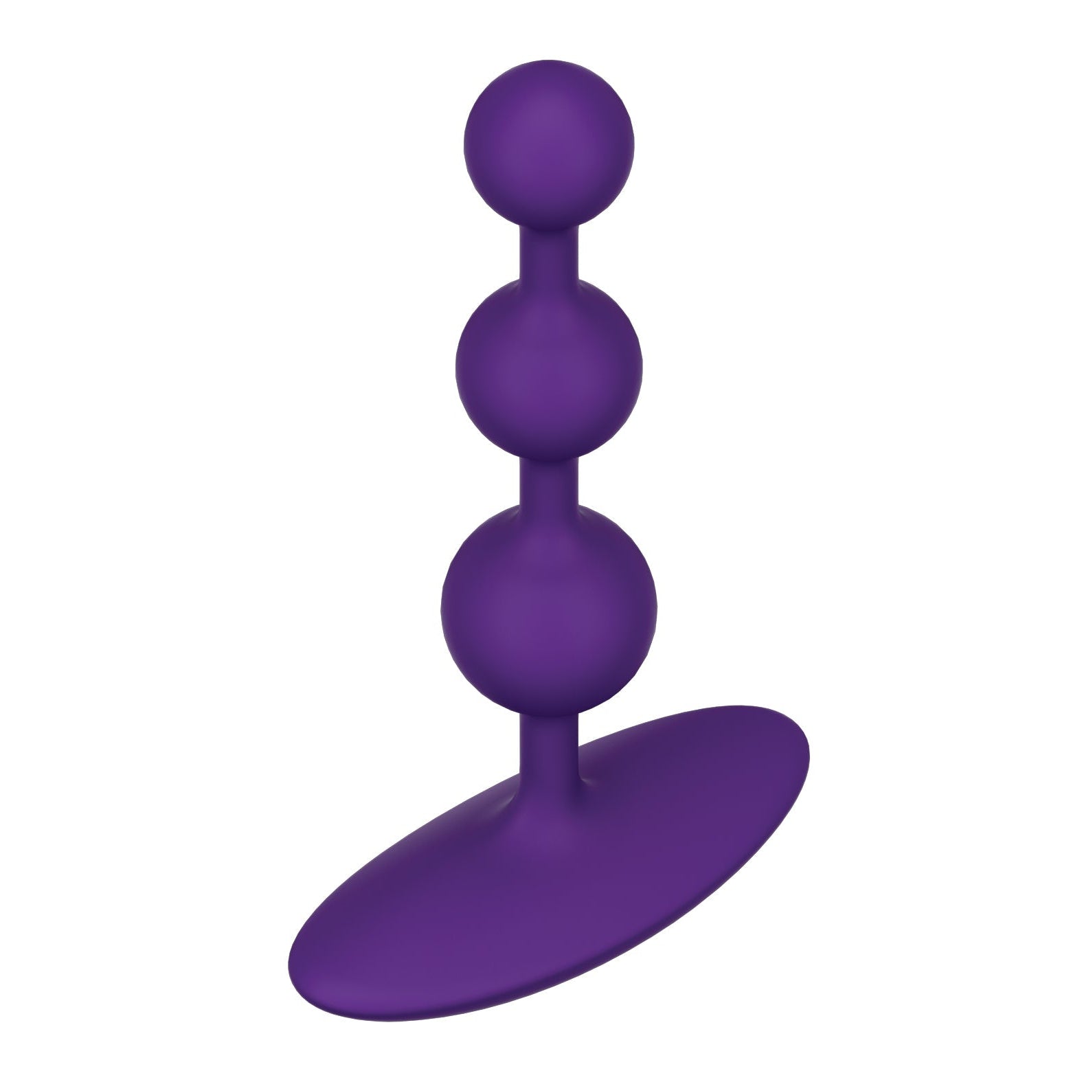 The ROMP Amp Flexible Anal Beads, designed by ROMP, feature three purple silicone spheres of increasing size stacked on a base, resembling an abstract sculpture. They boast a smooth texture and modern design against a plain white background.