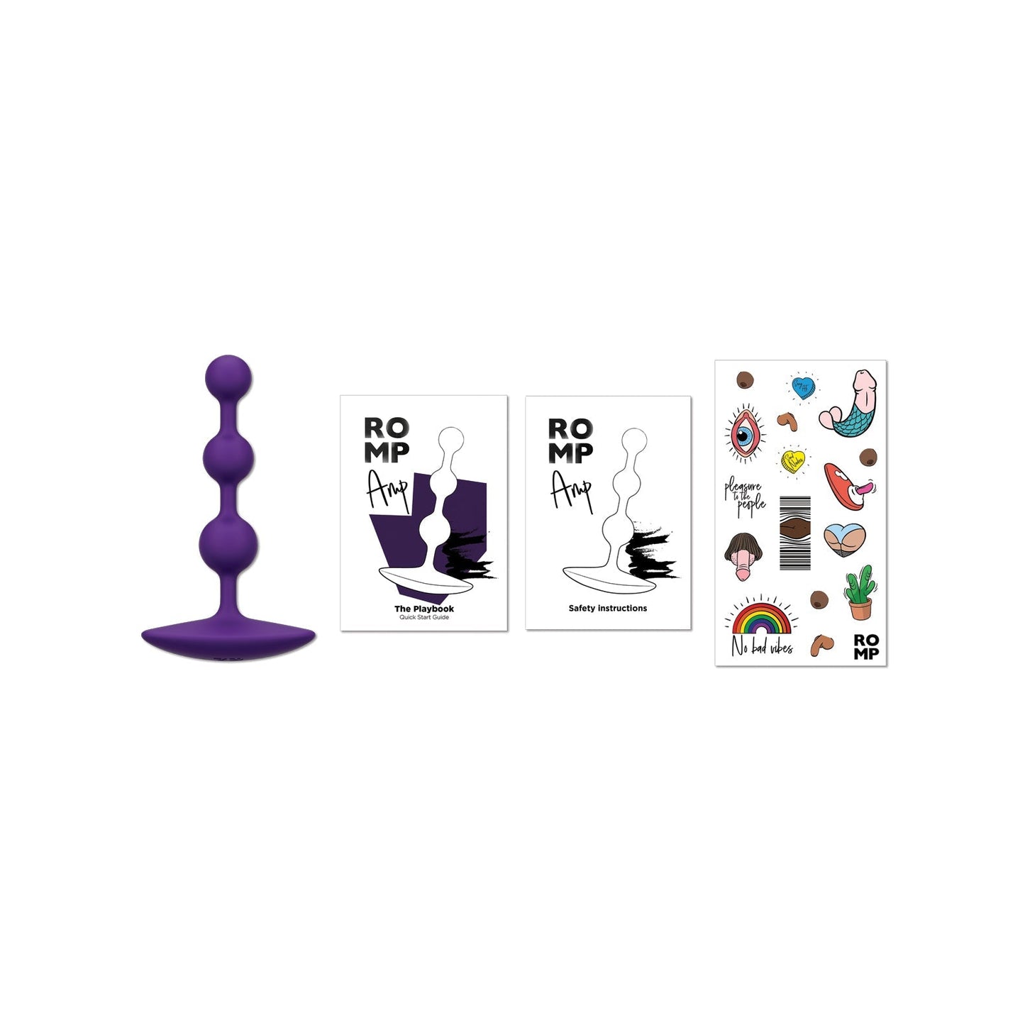 The ROMP Amp pleasure toolkit includes the purple silicone ROMP Amp Flexible Anal Beads with three graduated beads for enhanced sensations, two The Playbook and Safety Instructions cards, and a sheet of colorful playful stickers.