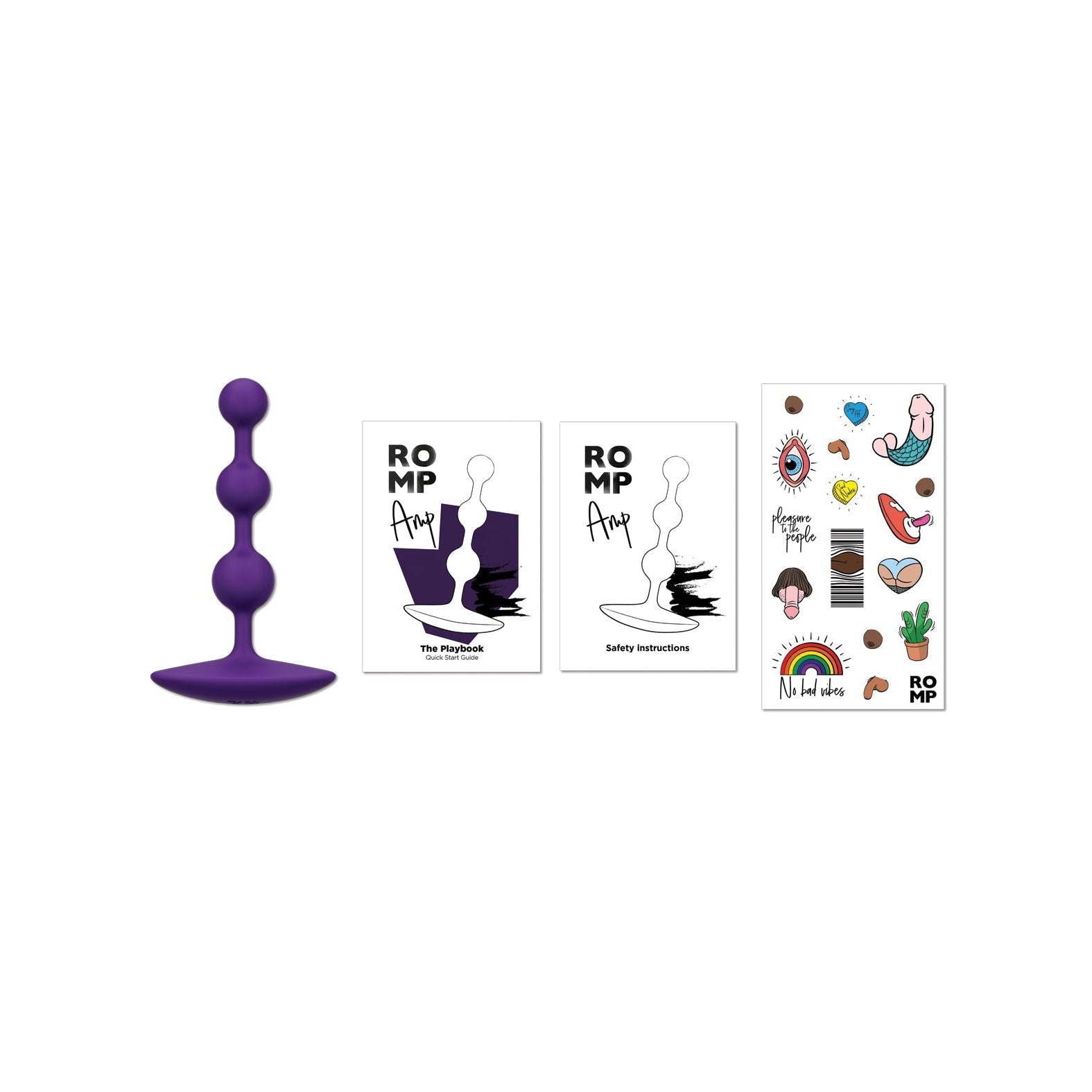 The ROMP Amp pleasure toolkit includes the purple silicone ROMP Amp Flexible Anal Beads with three graduated beads for enhanced sensations, two The Playbook and Safety Instructions cards, and a sheet of colorful playful stickers.