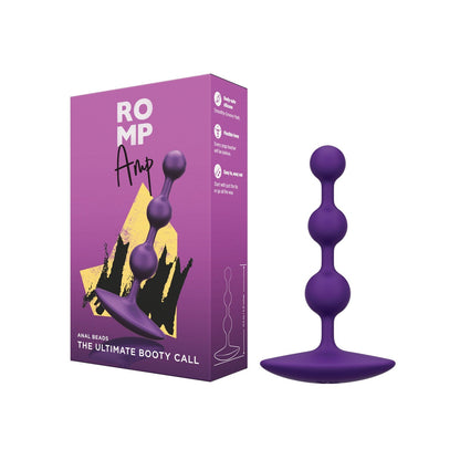 The image shows a box and purple silicone anal beads, branded as ROMP Amp Flexible Anal Beads. The package describes them as The Ultimate Booty Call. These orgasm intensifiers have a bulbous design with three graduated sections for enhanced pleasure.