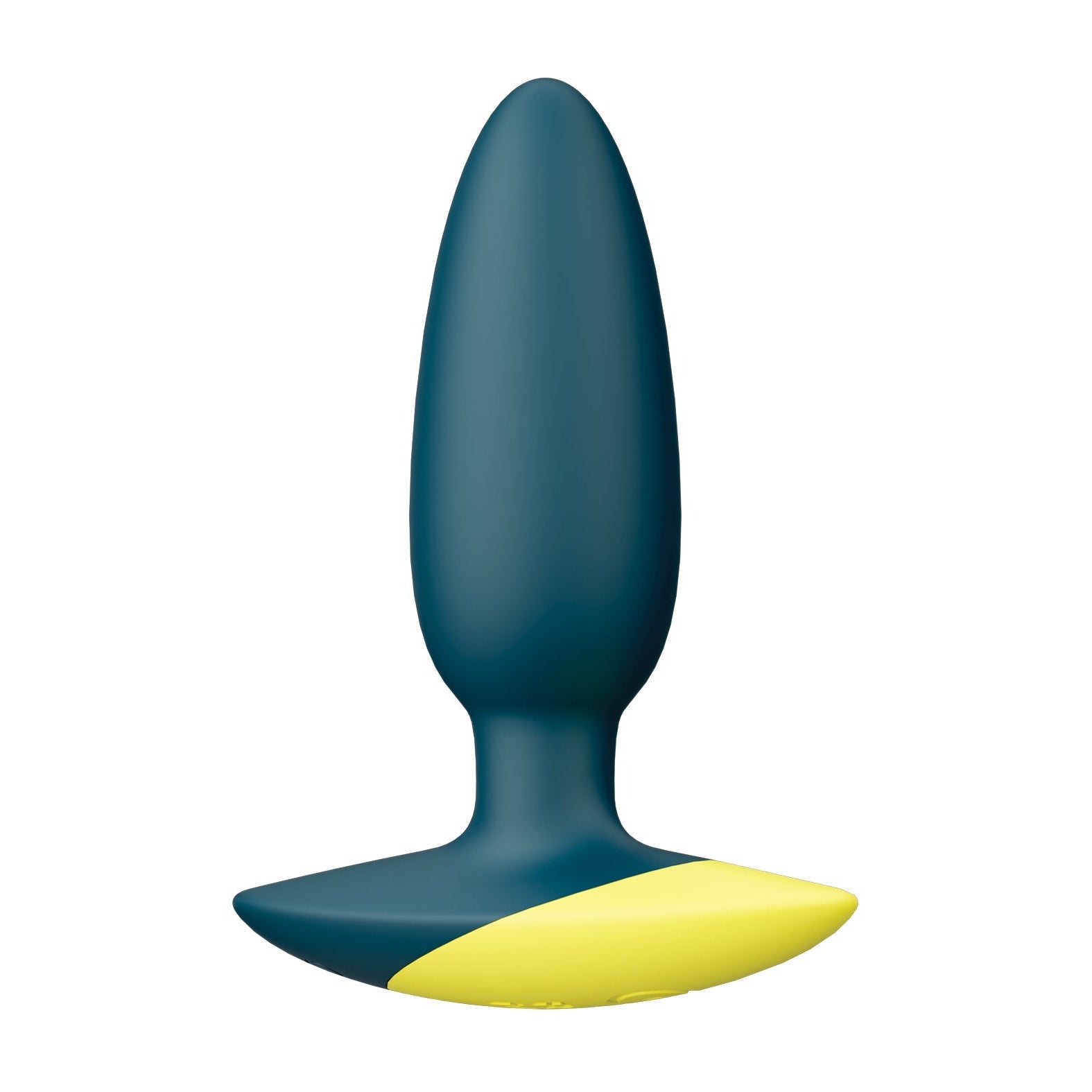 The ROMP Bass Vibrating Anal Plug by ROMP is a small, waterproof silicone plug in blue and yellow, featuring a tapered tip and flared base with an ergonomic, smooth vibrating design.