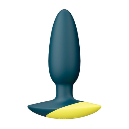 The ROMP Bass Vibrating Anal Plug by ROMP is a small, waterproof silicone plug in blue and yellow, featuring a tapered tip and flared base with an ergonomic, smooth vibrating design.