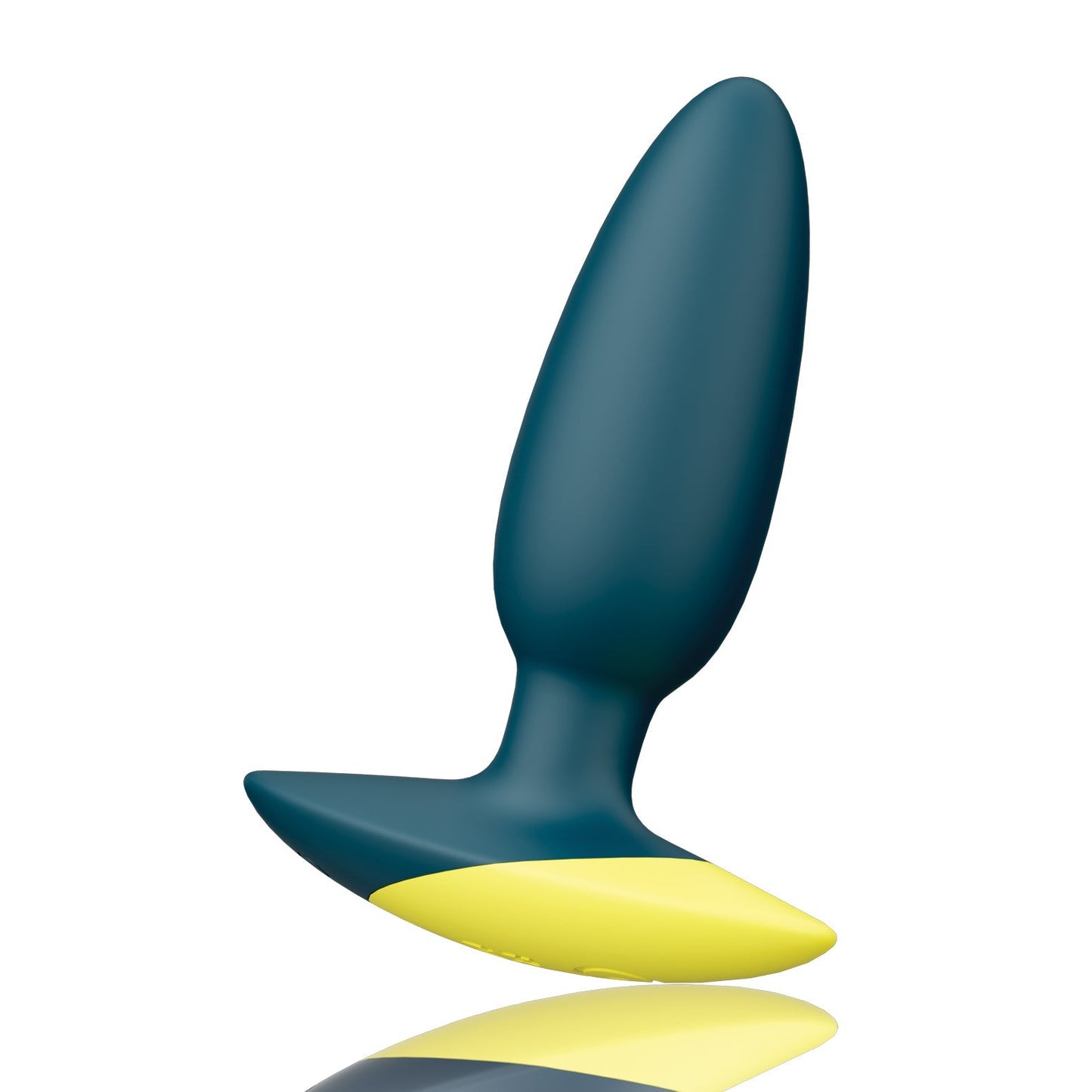 The ROMP Bass Vibrating Anal Plug by ROMP features a sleek design with dark blue and yellow silicone. Its smooth, tapered shape and flat, flared base make it appealing, while the waterproof feature adds versatility for adventurous users and enhances its glossy appearance.