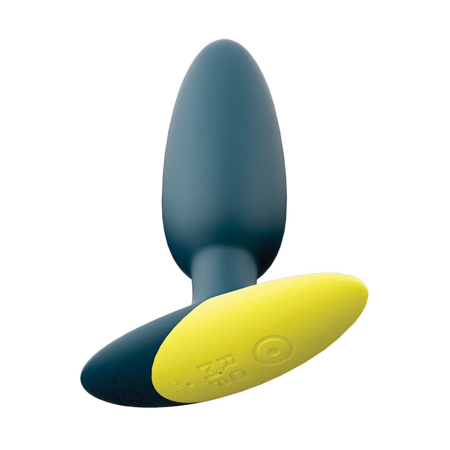 The ROMP Bass Vibrating Anal Plug by ROMP is a smooth, dark teal silicone anal plug with a waterproof design. It features a sleek, modern look and has a yellow circular base with engraved text, set against a white background.
