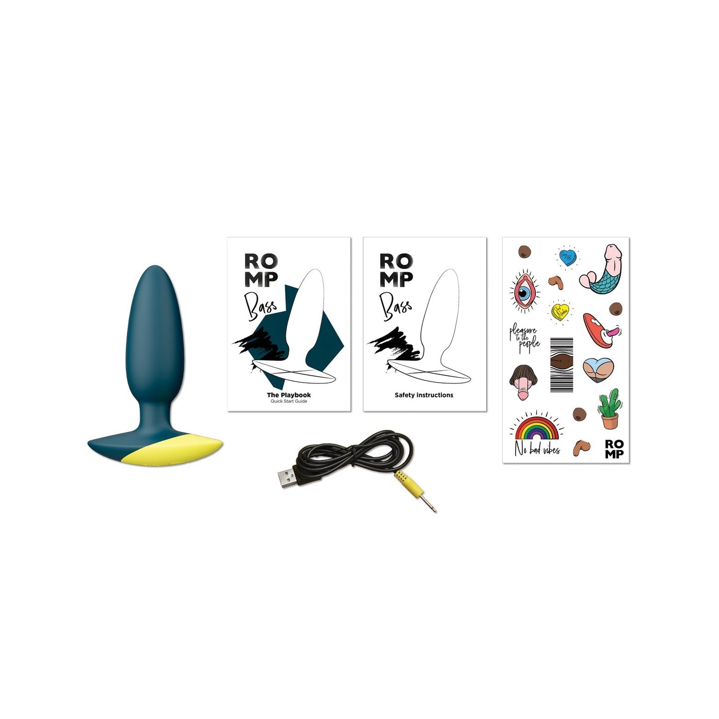 The ROMP Bass Vibrating Anal Plug by ROMP is a blue and yellow wearable device made from soft silicone. It comes with The Playbook, Safety Instructions, colorful stickers, and a USB charging cable. This waterproof gadget ensures durability during use.