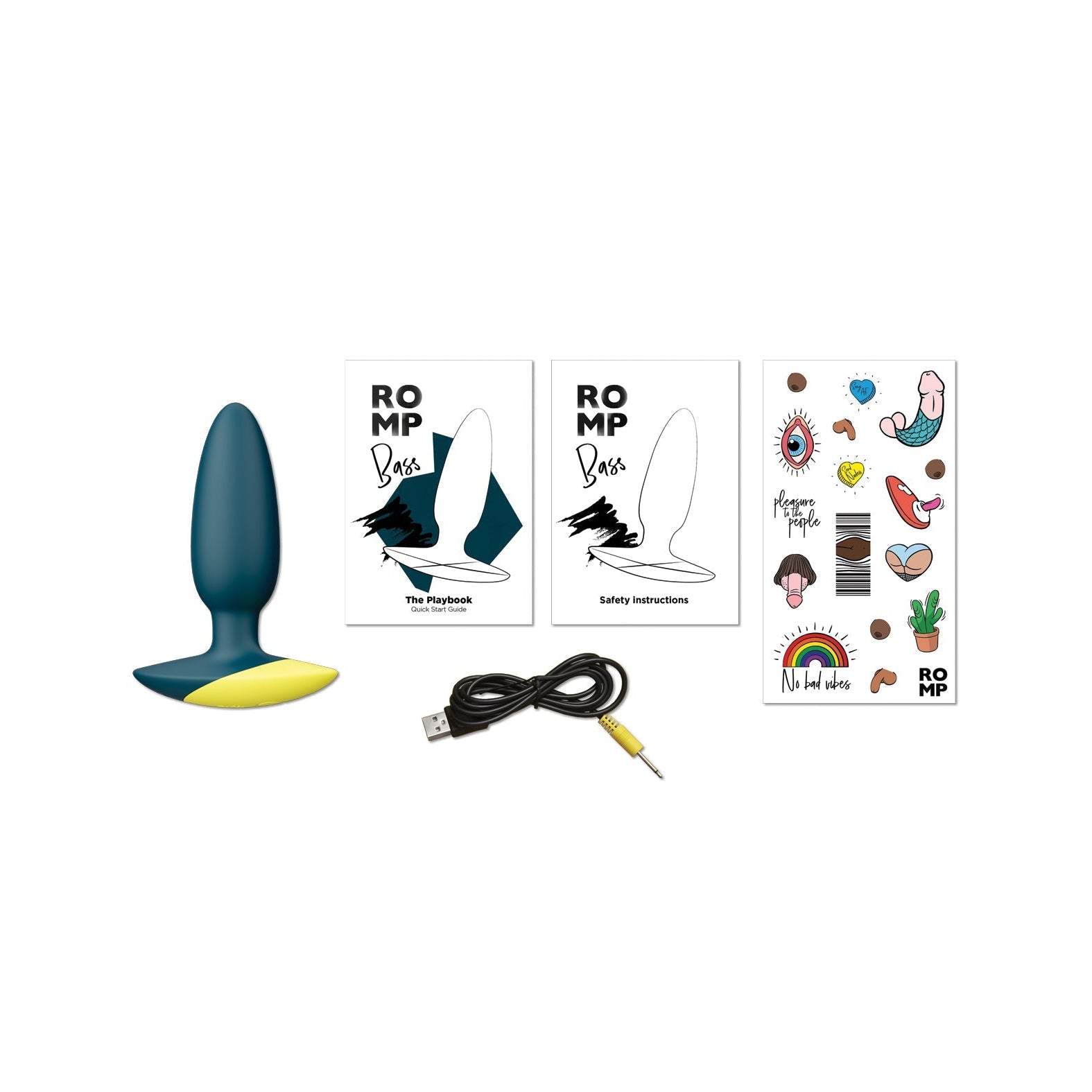 The ROMP Bass Vibrating Anal Plug by ROMP is a blue and yellow wearable device made from soft silicone. It comes with The Playbook, Safety Instructions, colorful stickers, and a USB charging cable. This waterproof gadget ensures durability during use.