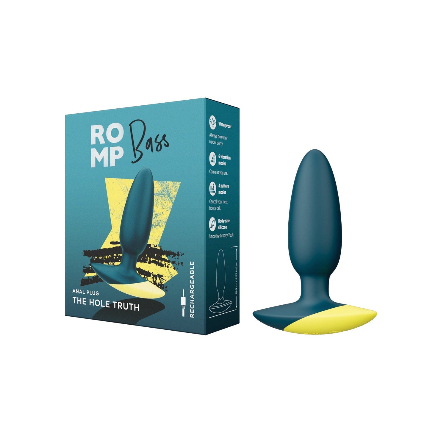 The sleek ROMP Bass Vibrating Anal Plug by ROMP is featured with its black and yellow design, showcased on the box with essential details such as its waterproof silicone material for a comfortable experience.