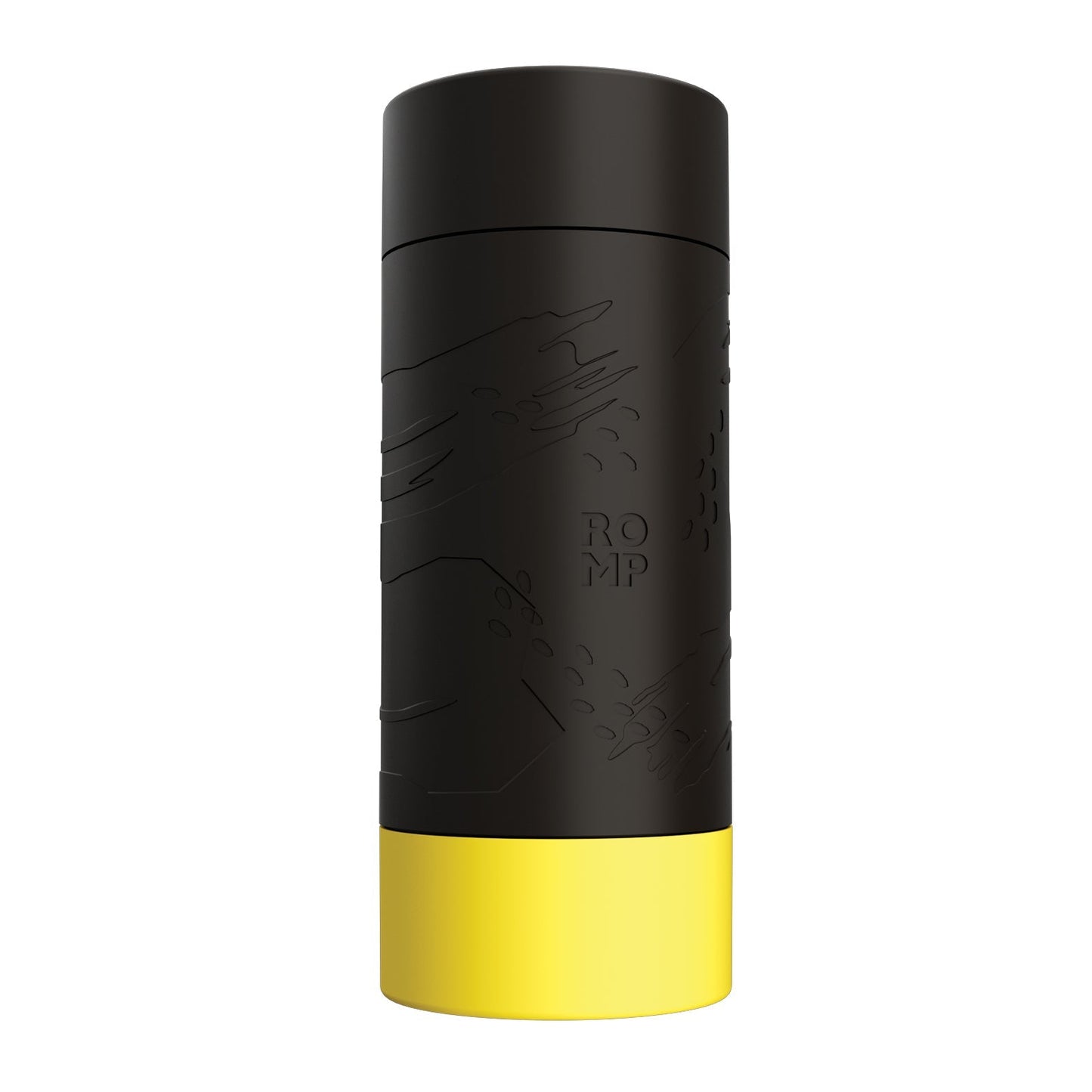 The ROMP Dash Stroker is a black, cylindrical silicone object with a yellow base and embossed textures. Featuring the text ROMP, its sleek design offers natural suction for an enhanced experience.