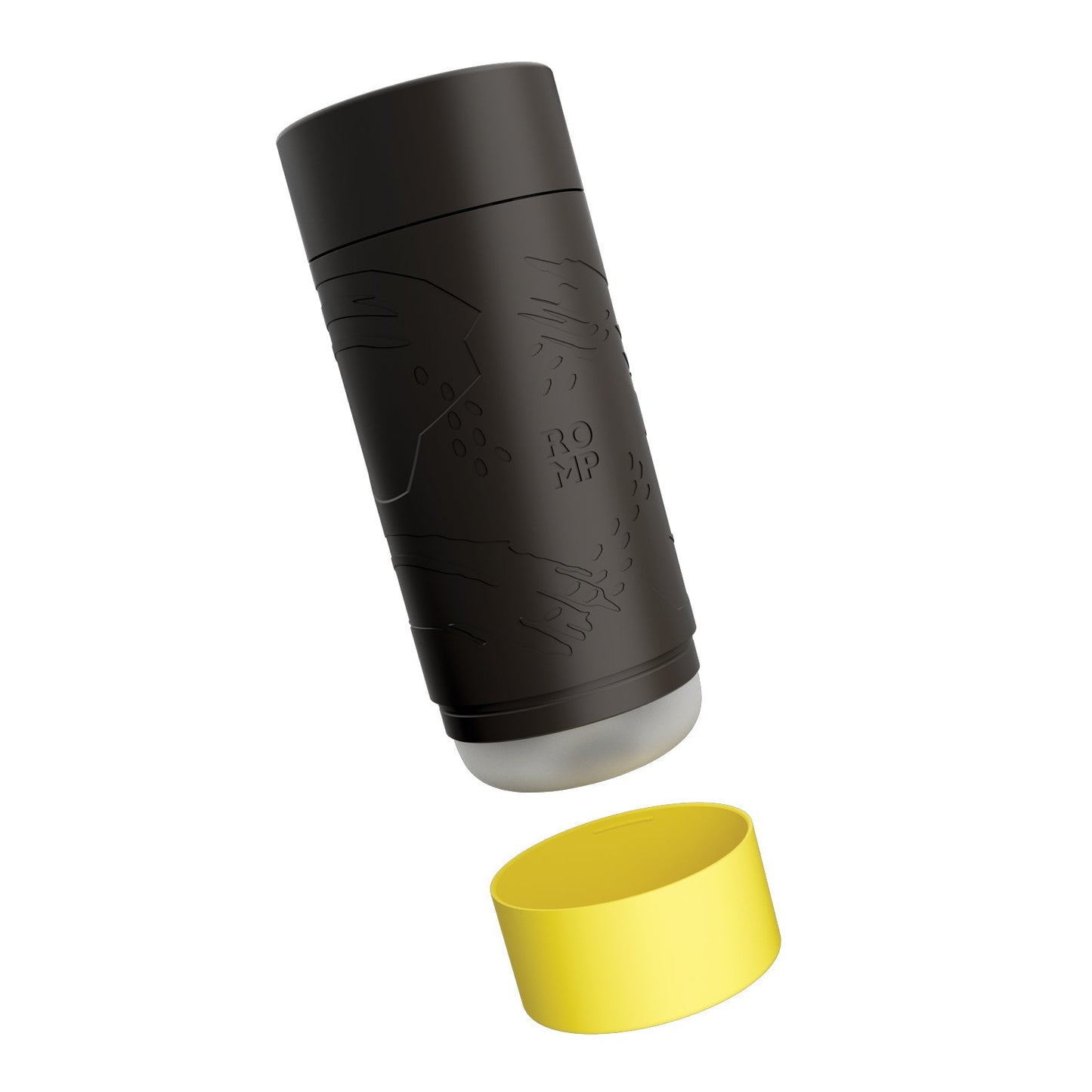 The ROMP Dash Stroker by ROMP is a sleek, modern cylindrical device in black and gray with a minimalist embossed pattern. Removing its yellow cap reveals a body-safe silicone construction, providing a skin-soft stroker experience for natural suction comfort.