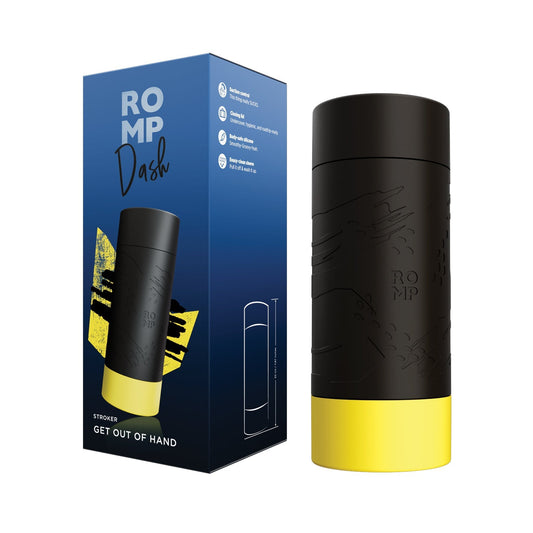 A black and yellow ROMP Dash Stroker lies next to its blue and yellow packaging, showcasing features like natural suction, unique material, and design details. The cylindrical ROMP product has an embossed surface pattern for extra texture.