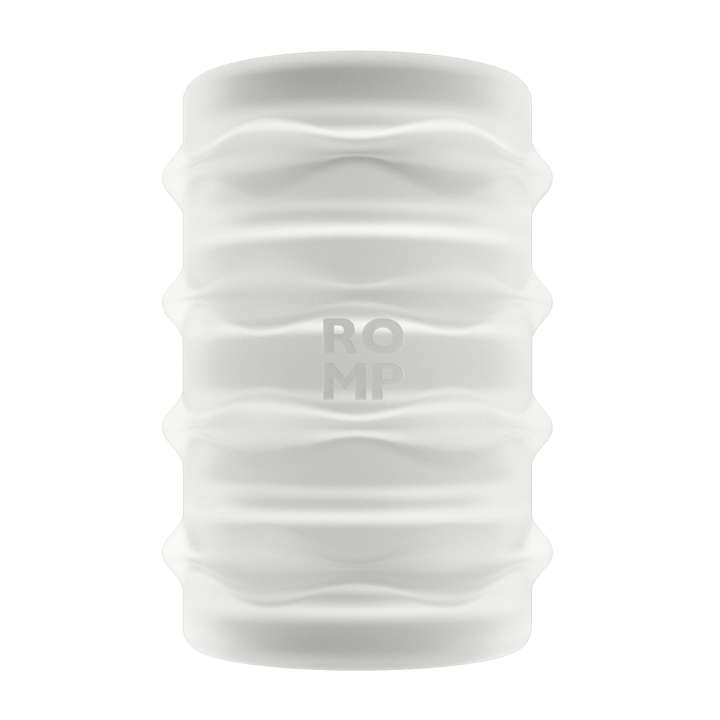 The ROMP Mosh BJ Stroker by ROMP is a white cylindrical object with a textured surface, offering a blowjob-like sensation. Its vertical ROMP embossing and wavy pattern create repeating sections that enhance its function as a manual stroker.
