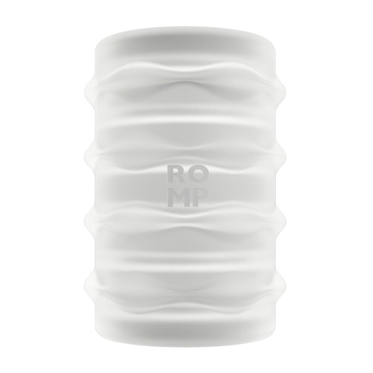 The ROMP Mosh BJ Stroker by ROMP is a white cylindrical object with a textured surface, offering a blowjob-like sensation. Its vertical ROMP embossing and wavy pattern create repeating sections that enhance its function as a manual stroker.