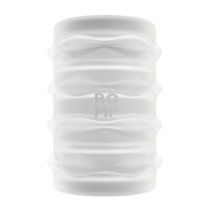 The ROMP Mosh BJ Stroker by ROMP is a white cylindrical object with a textured surface, offering a blowjob-like sensation. Its vertical ROMP embossing and wavy pattern create repeating sections that enhance its function as a manual stroker.