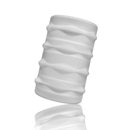 The ROMP Mosh BJ Stroker is a white cylindrical object with a wavy, textured surface, designed to evoke a blowjob-like sensation. The brand name ROMP is embossed on its side and it stands upright, subtly reflecting on the shiny surface below.
