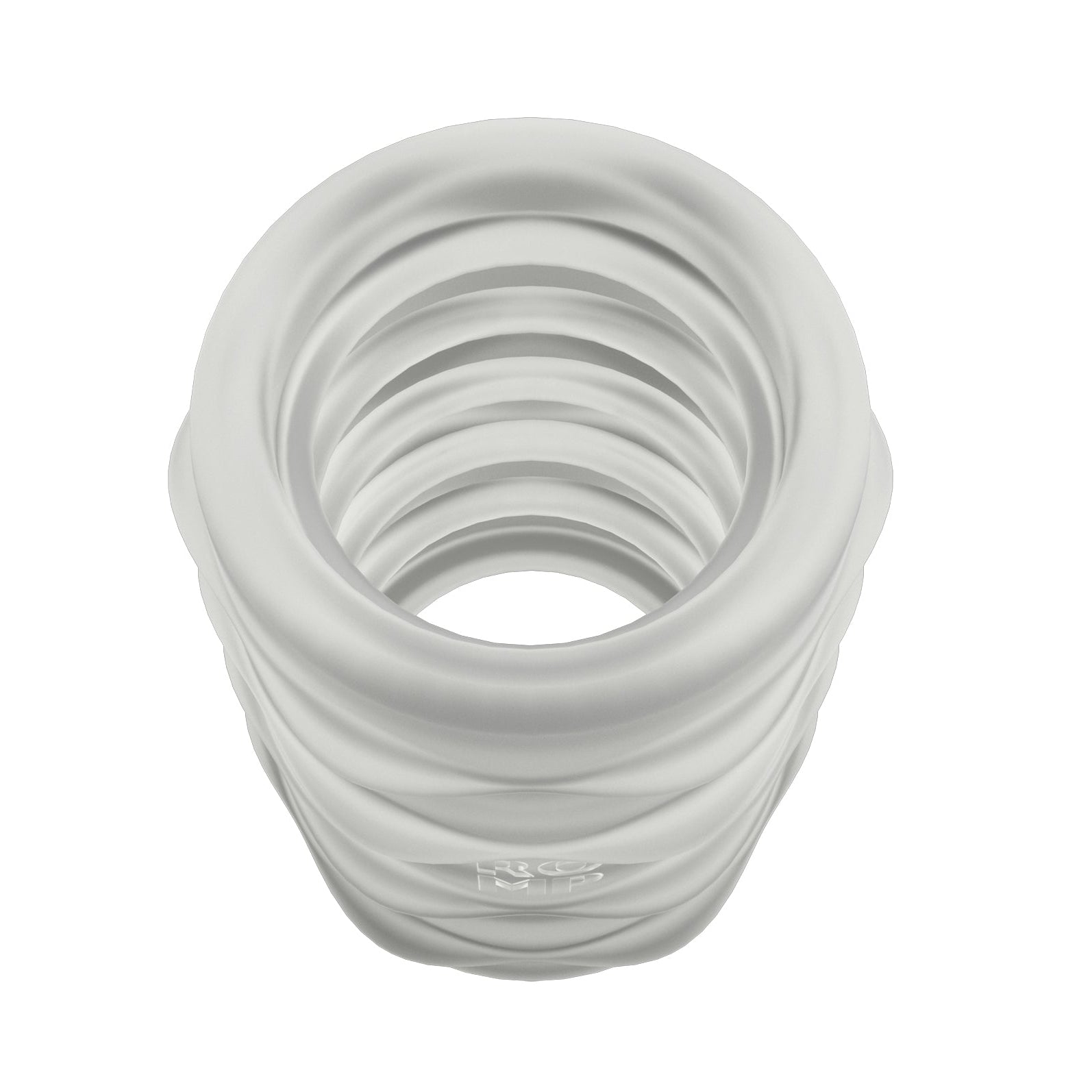The ROMP Mosh BJ Stroker by ROMP is a white, spiral-shaped object with smooth ridges and a hollow center. Its textured surface, glossy finish, and uniform appearance make it resemble a manual stroker.