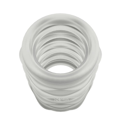 The ROMP Mosh BJ Stroker by ROMP is a white, spiral-shaped object with smooth ridges and a hollow center. Its textured surface, glossy finish, and uniform appearance make it resemble a manual stroker.