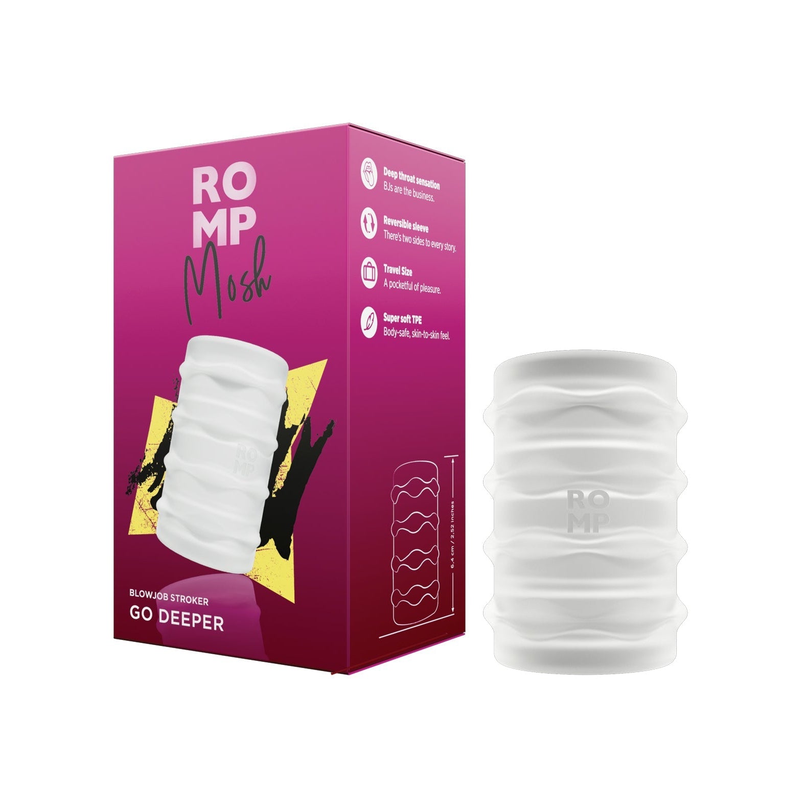 The ROMP Mosh BJ Stroker is a white cylindrical manual stroker designed for maximum grip. Packaged in a purple box with yellow and white text, it promises a blowjob-like sensation with its innovative textured surfaces, highlighted by the product image and details.