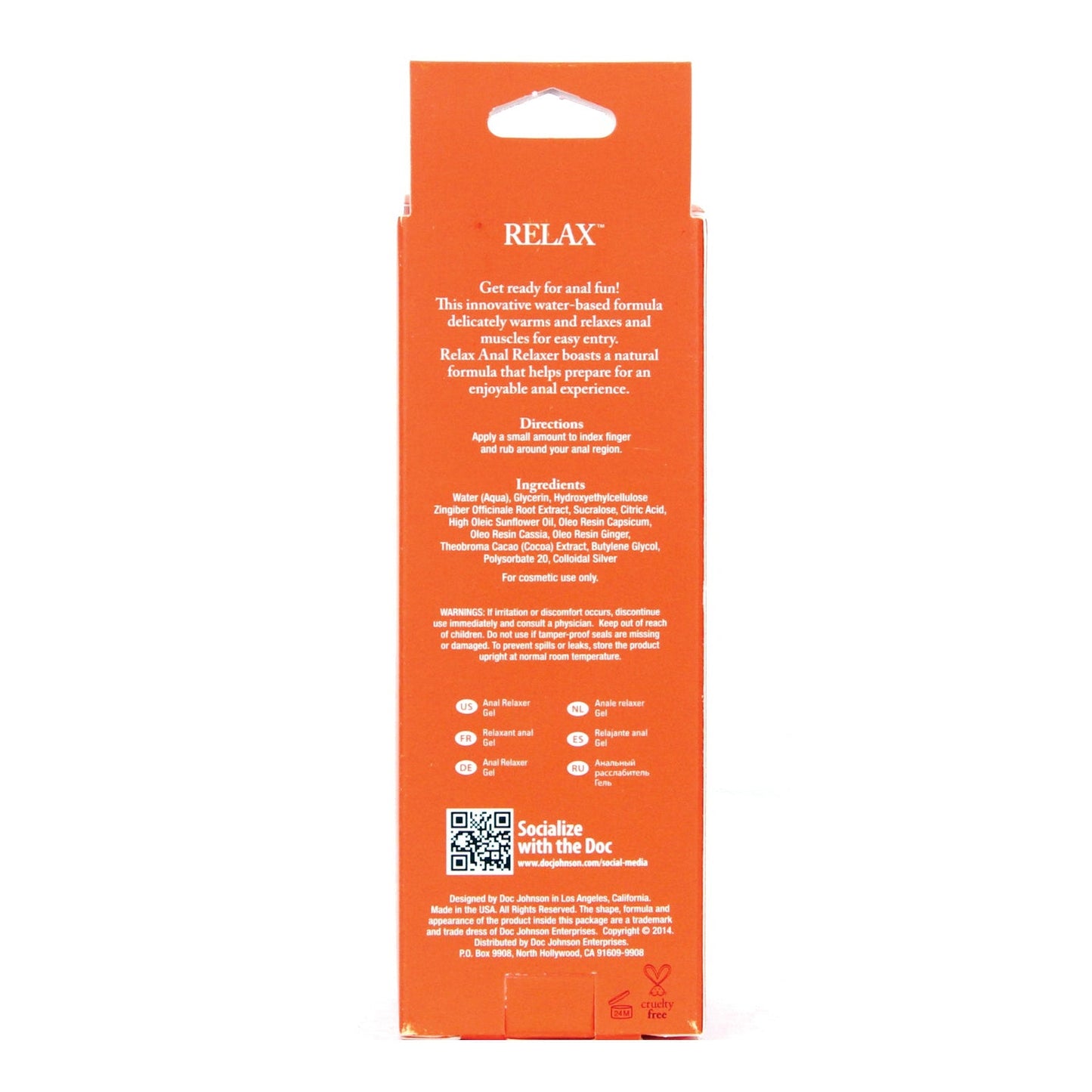 An orange packaging box for the Relax Anal Relaxer - 2 oz Tube by Doc Johnson features usage instructions, ingredients highlighting its natural formula, a call to Socialize with the Doc, small icons at the bottom, and text promoting a fun experience.